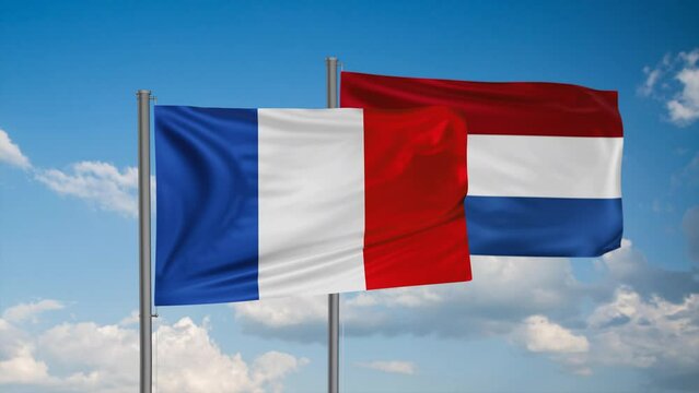 Netherlands flag and France flag waving together on blue sky, looped video, two country cooperation concept