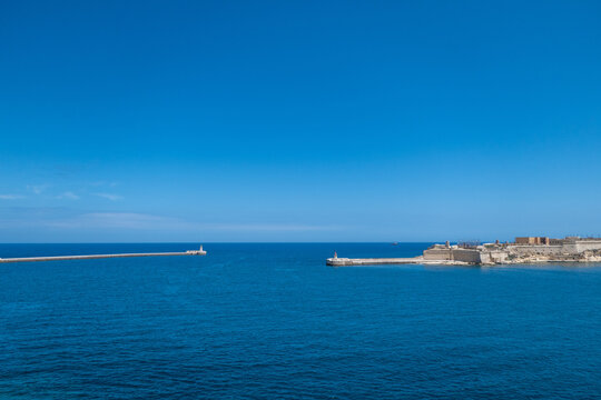 Valletta, Malta, 4th May 2023. Breakwater at Fort Ricasoli From Kalkara to Grand Harbour.