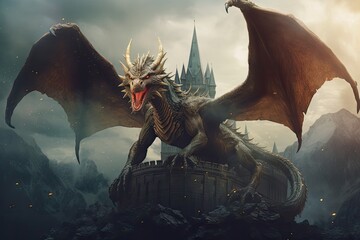 Majestic dragon against the backdrop of a medieval castle © Artistic Playground