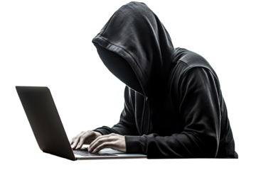 A hacker in black hoodie is working on his laptop.