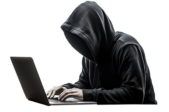 A hacker in black hoodie is working on his laptop.