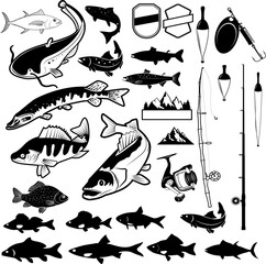 Set of Fishing club logo templates and design elements. Fish silhouettes. Fishing rods and fishing lures. Design elements in vector. - obrazy, fototapety, plakaty