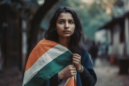 Beautiful indian woman holding indian flag