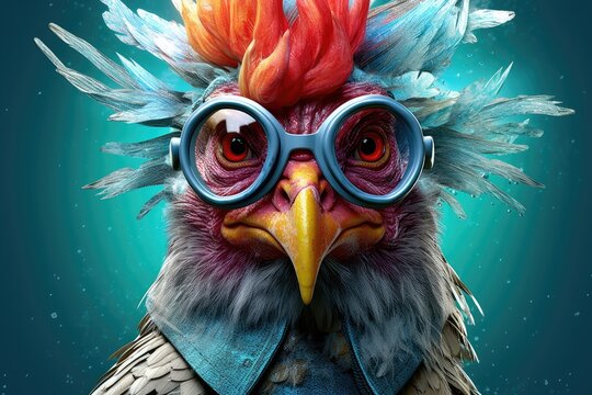 A rooster wearing trendy glasses