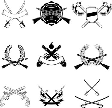  Set of weapon club emblems and design elements. Ancient weapon, Ax, sword, sabers, grenades
