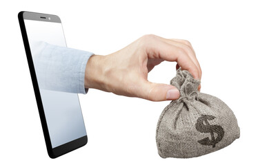Hand holding a miniature burlap sack full of dollars, sticking out of a smartphone screen, cut out