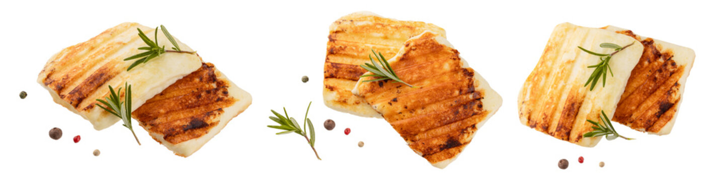 Mediterranean taste halloumi cheese grilled with mix peppercorns and rosemary branch. Grilled halloumi cheese isolated on transparent background png.