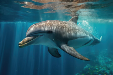 friendly and beautiful dolphin swimming through the oceans, , beautiful background, ocean floor, ai generated.