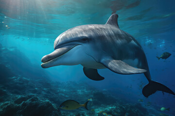 Obraz na płótnie Canvas friendly and beautiful dolphin swimming through the oceans, , beautiful background, ocean floor, ai generated.