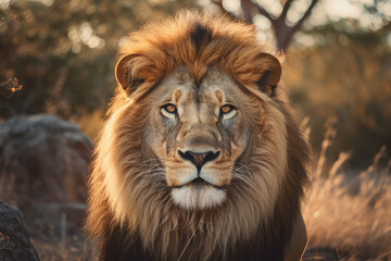 Naklejka na ściany i meble Lion looking at the camera, beautiful background, savannah background, ai generated.