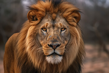 Naklejka na ściany i meble Lion looking at the camera, beautiful background, savannah background, ai generated.