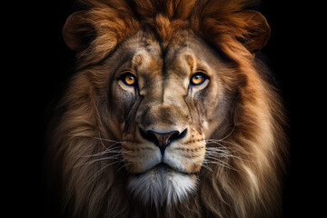 Fototapeta na wymiar lion, front view, ]black background, hyperrealistic photography, ai generated.