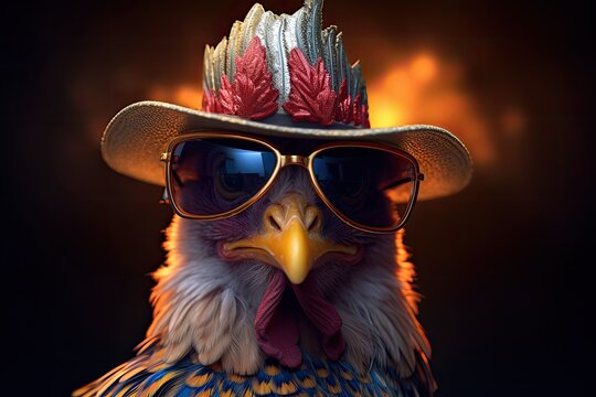 Rooster showcases its unique style, donning sunglasses and a fashionable hat, making a bold statement in this vibrant artwork.