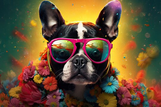 Boston Terrier wearing stylish sunglasses and flower bouquet