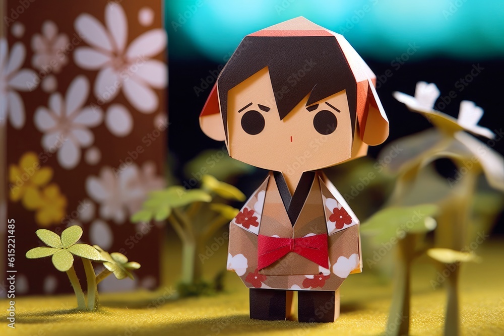 Sticker Boy in kimono made of paper triangles. Japanese origami, paper art style. Generative AI