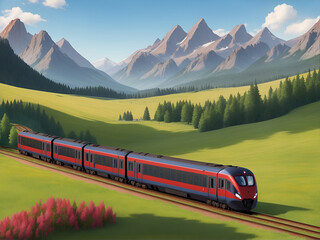 Train moving with mountains background. AI generated illustration