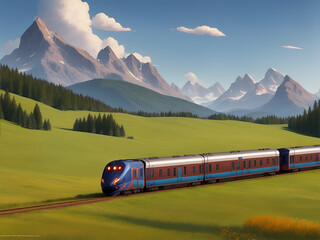 Train moving with mountains background. AI generated illustration