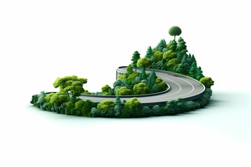 Piece of green land with car road isolated, creative travel and tourism off-road design trees. 3D style. - obrazy, fototapety, plakaty