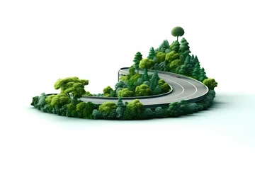 Foto op Plexiglas Piece of green land with car road isolated, creative travel and tourism off-road design trees. 3D style. © ckybe