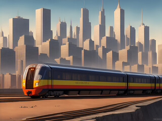 Naklejka premium Train moving with city background. AI generated illustration