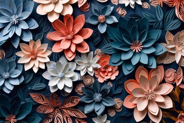 Floral background - blooming multicolored flowers. Origami, paper art style. Generative AI