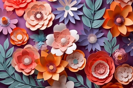 Floral background - blooming multicolored flowers. Origami, paper art style. Generative AI