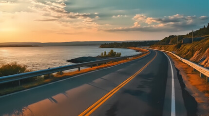 Obraz na płótnie Canvas Highway landscape at colorful sunset. Road view on the sea. colorful seascape with beautiful road. highway view on ocean beach. coastal road in europe. Colorful seascape in the Mediterranean.