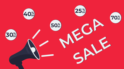 flat megaphon and sale announcement on red background