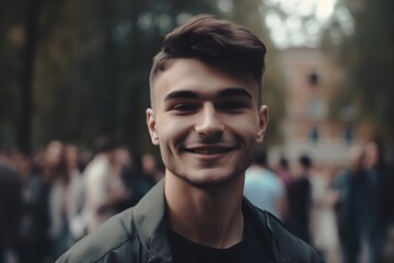Fototapeta premium Portrait of happy young man in mortarboard and gown on a blurred background