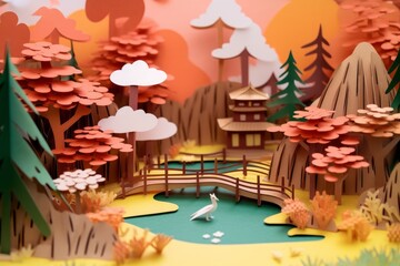 Summer scene - river, mountains, house and tree. Japanese origami, paper art style. Generative AI