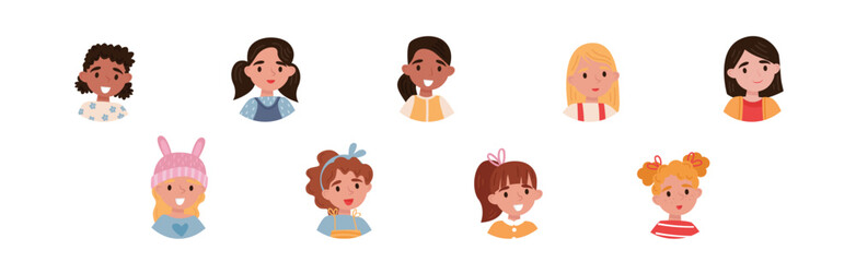 Little Girl Character Head as Avatar with Smiling Face Vector Set