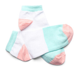 Pair of colorful cotton socks on white background
