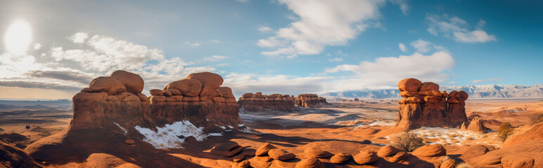 Wide-angle shot of an alien planet landscape. Breathtaking panorama of a desert planet with canyons and strange rock formations. Fantastic extraterrestrial landscape. Sci-fi wallpaper.