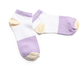 Pair of colorful cotton socks on white background