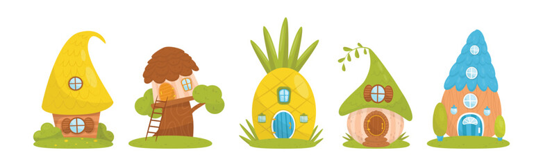 Fantasy Tiny House on Green Lawn in the Garden Vector Set