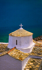 Church tower on Skopelos Island in Greece with copy-space