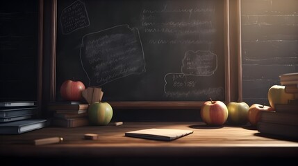 School stationery and apples on table in classroom