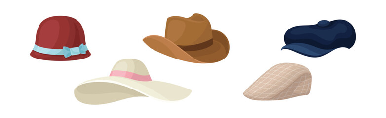 Stylish Brimmed Hat as Elegant Headdress Vector Set