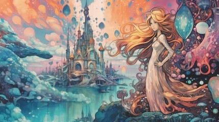 Artistic watercolor paintings of a fantasy world . Fantasy concept , Illustration painting.
