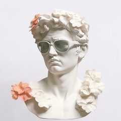 Gypsum statue of David's head in sunglasses. Сoncept art.