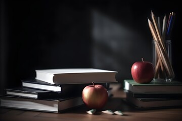 Stack of books and apple on table - obrazy, fototapety, plakaty