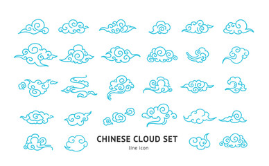 Asia Clouds Sign Blue Thin Line Icons Set Chinese Style. Vector illustration of Oriental Decoration Icon