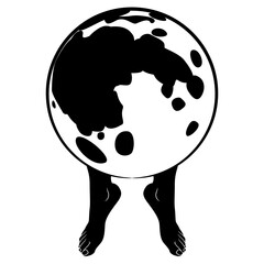 Full moon standing on tiptoes. Creative funny lunar concept. Black and white silhouette.