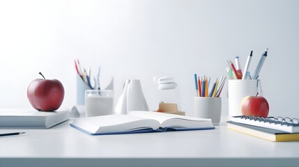 stationery and apples on Wooden desk