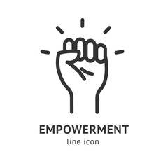 Empowerment Sign Black Thin Line Icon Emblem Concept Symbol of Courage, Strong and Power. Vector illustration of Hand Raised in The Air - 615223258