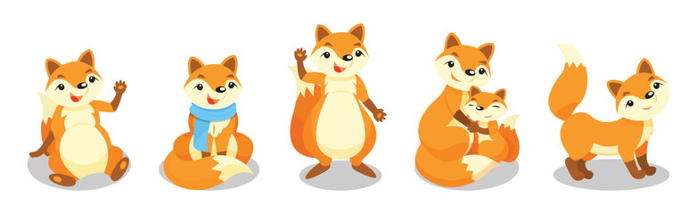 Cute Red Fox Animal with Bushy Tail in Different Pose Vector Set