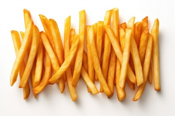 top view of a pile of french fries on a white background, created by Generative AI - obrazy, fototapety, plakaty