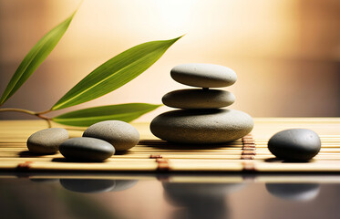 A serene brown zen garden background with stone stack, twig, water and bamboo. Concept background on the theme of yoga, relaxation and meditation.