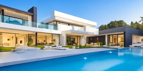 Modern house with pool, luxurious villa with swimming pool at dusk - obrazy, fototapety, plakaty