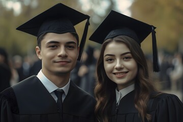 Two students in graduation with hats and black gowns